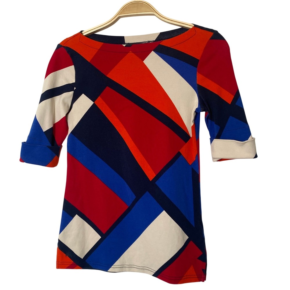 Lauren Ralph Lauren Retro Boatneck Tee Knit Top Women XS Multi Geo Colorblock